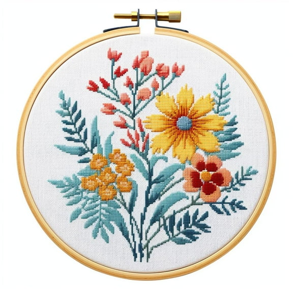 Cartoon Simple Little Flowers DIY 11CT Stamped Cross Stitch Kits Easy for Beginners Children with Hoop Needlepoint Counted Embroidery Kits Art Craft Wall Decor 12x12inch(19)