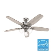 Hunter 52 inch Indoor Ceiling Fan with LED Lights - Ceiling Fan with Pull Chain, For Bedroom or Living Room, Standard Mount, No Remote, 5 Blades, Includes Bulbs - Builder 52729, Brushed Nickel