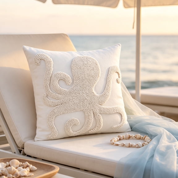 Miwamany Embroidered Beach Throw Pillow Cover 18x18 Inch Sea Life Cushion Case with Starfish Shell Octopus Design Summer Home Decor for Sofa
