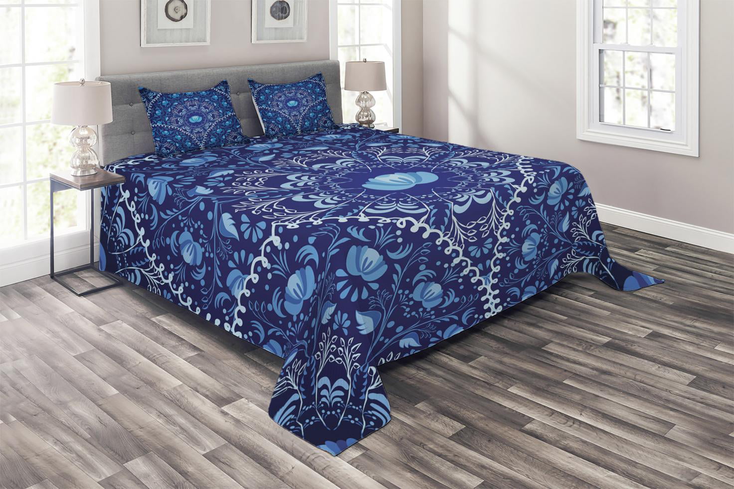 Navy Blue Coverlet Set Circular And Floral Alike Oriental Style
