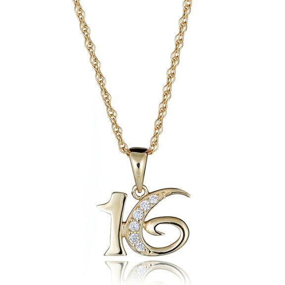 AVORA 10K Yellow Gold Simulated Diamond CZ Sweet Sixteen "16" Pendant Necklace with 18" Chain