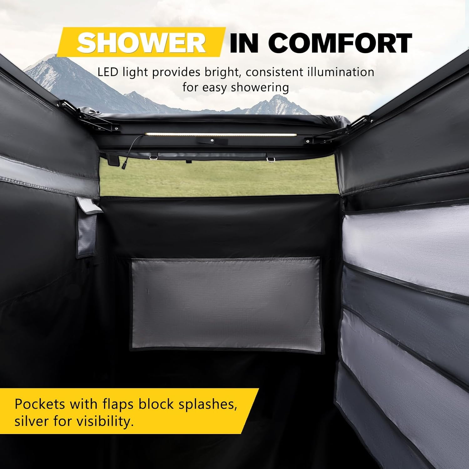 BUNKER INDUST Vehicle Side Shower Tent with Roof, Portable Outdoor Camping Privacy Shower Room Waterproof Awning, Built-in LED Light for Night, Black