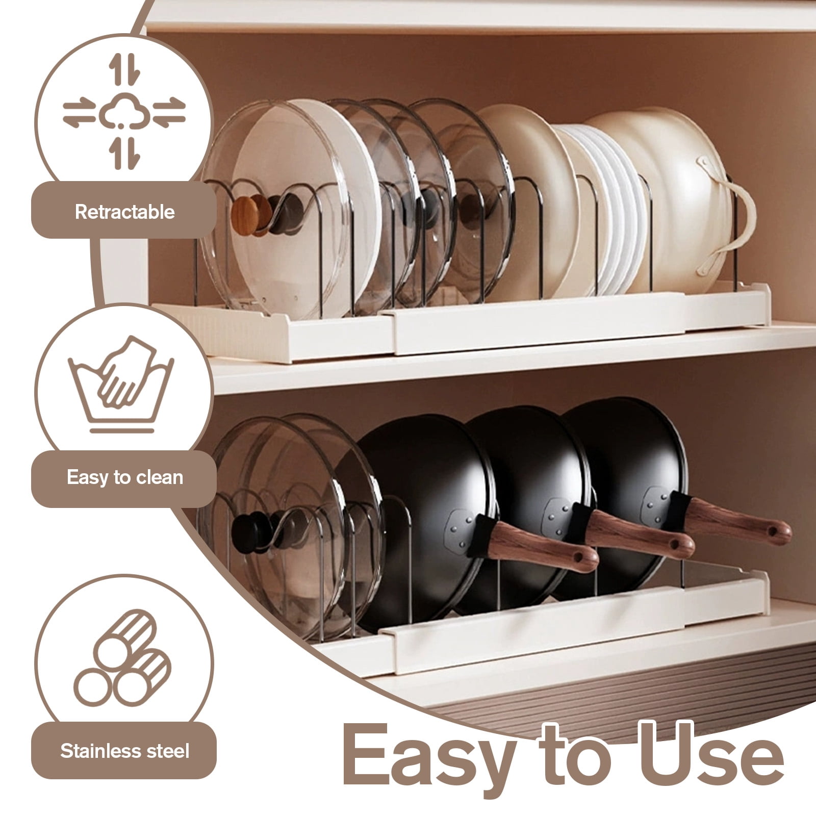 VEGCOO 2-Pack Pots and Pans Organizer for Cabinet - Expandable Kitchen Storage Rack with 20 Adjustable Dividers - Heavy Duty Pot Lid & Bakeware Holder for Under Sink & Drawers - 22.4 Inch Max Length