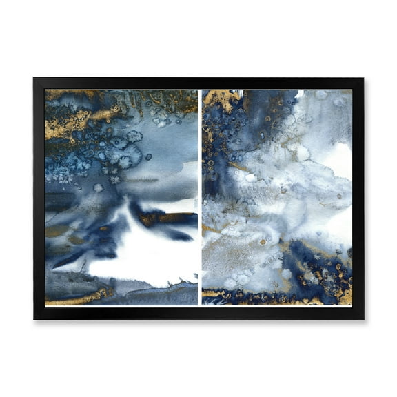 Designart 'Gold and Dark Blue Abstract Waves IV' Modern Framed Art Print