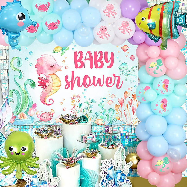 Ocean Themed Baby Shower for Girl, Under The Sea Baby Shower Decorations  Balloon Garland Arch Kit, Octopus Seahorse Bubble Fish Foil Balloons with