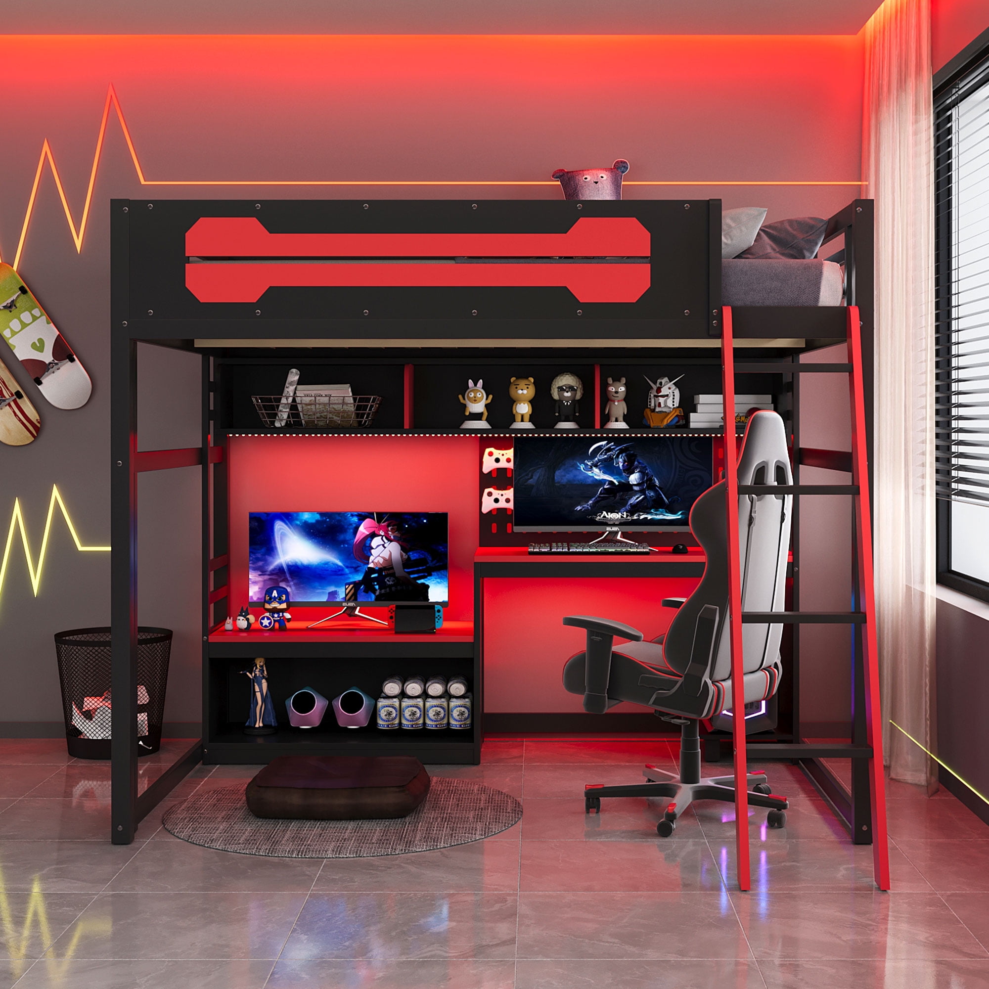 Mintazer Full Size Gaming Loft Bed with LED Lights, Charging Station, Desk, Pegboard and Storage Shelves for Boys Girls, Black & Red