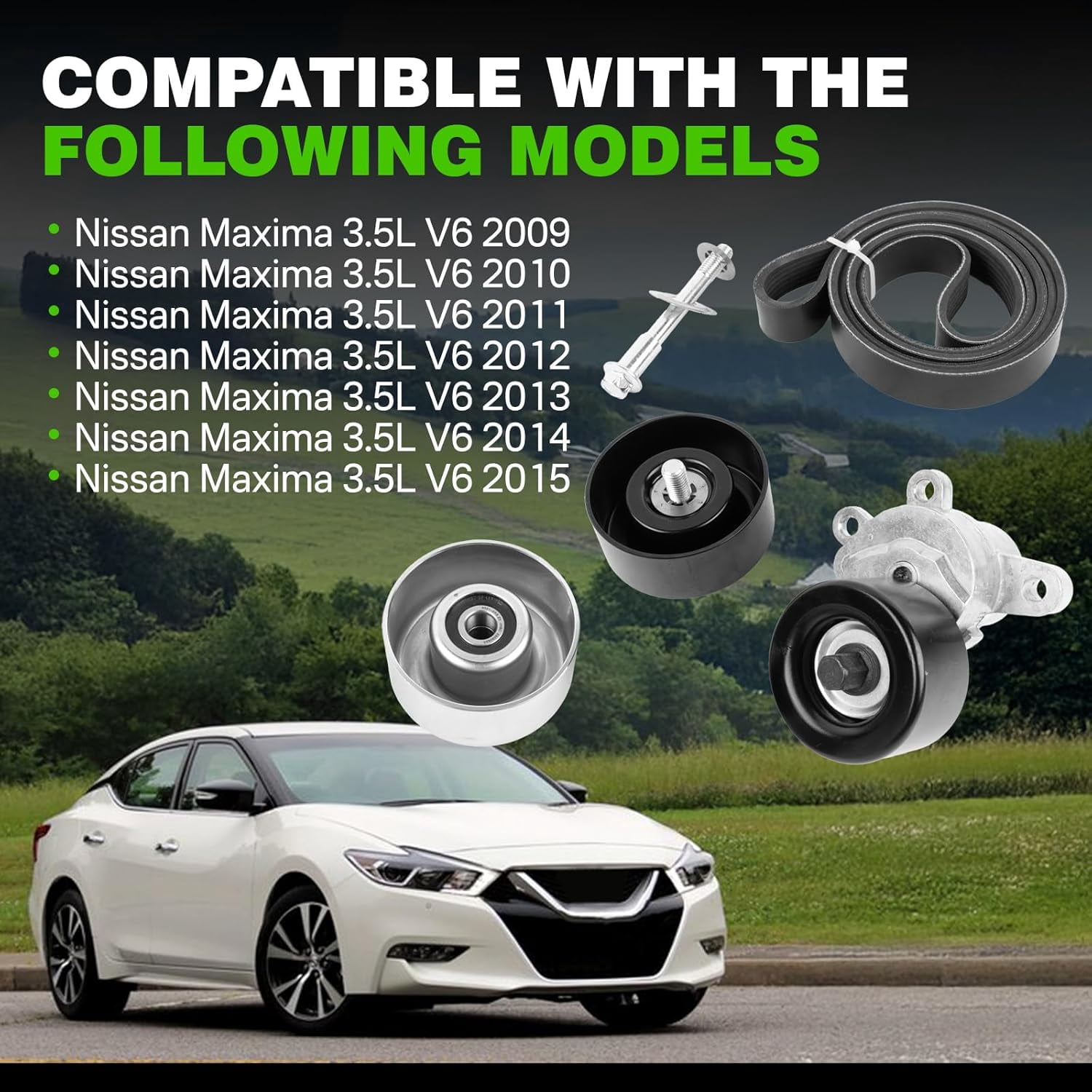 11955JA10D Engine Drive Belt Tensioner Idler Pulley Serpentine Belt Kit Compatible with 2009-2015 Nissan Maxima 3.5L V6 Replace 39155 11925JA100 11955JA10A 11925JA11A 7PK1705