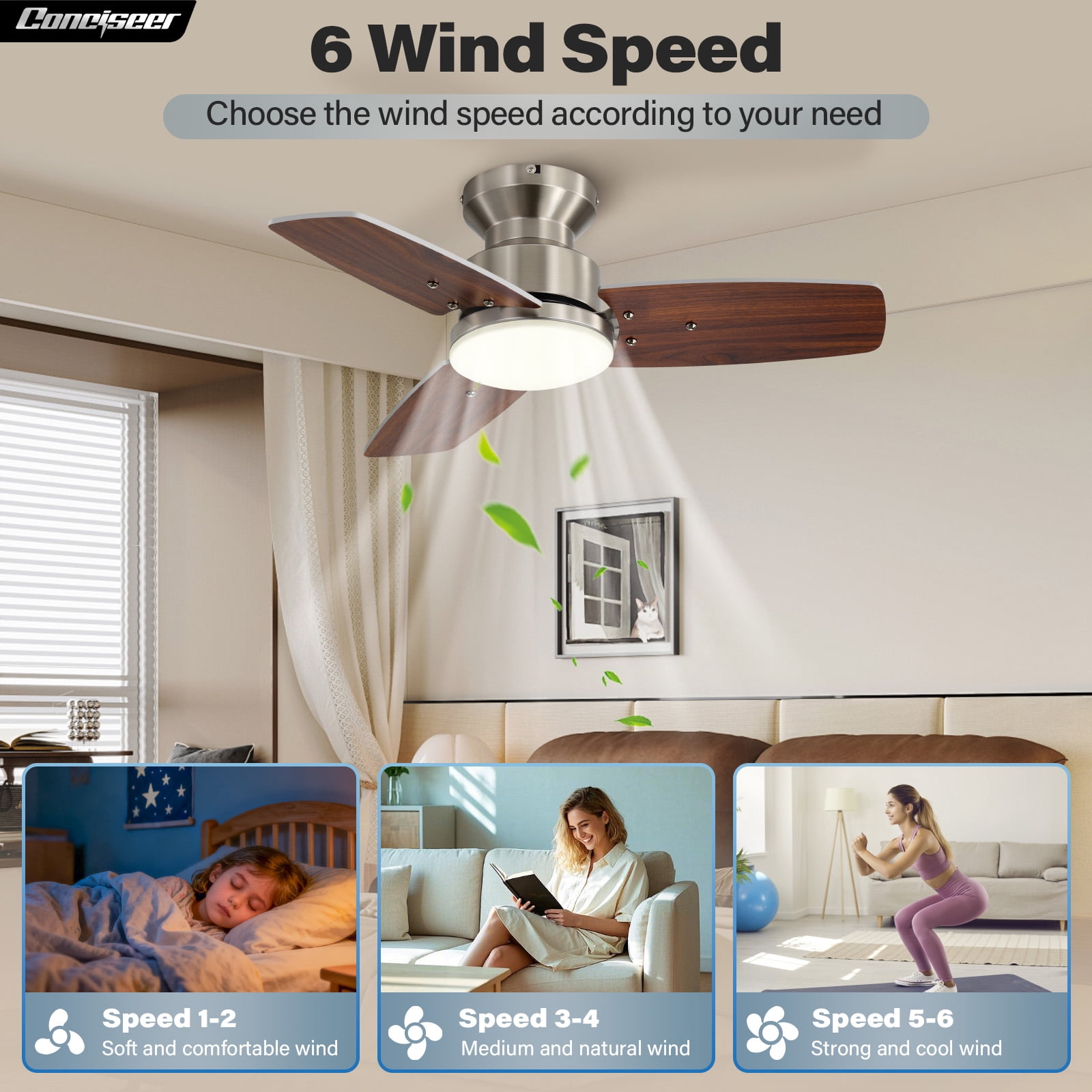 42 Inch Ceiling Fans with Lights and Remote, Bedroom Living Room Office, Flush Mount, 6CCT Dimmable, Dual Color 3 Blades 6 Speed Reversible Quiet DC Motor, Sand-nickel/Wood Grain, 2 Pack