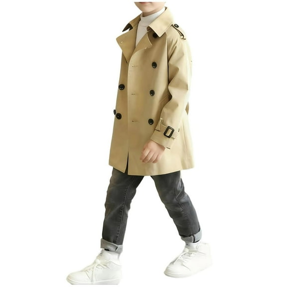 CYRBOKO Boys Trench Coats, Casual Fall Mid-length Button Cardigan Outerwear with Belt Khaki Size 11-12 T