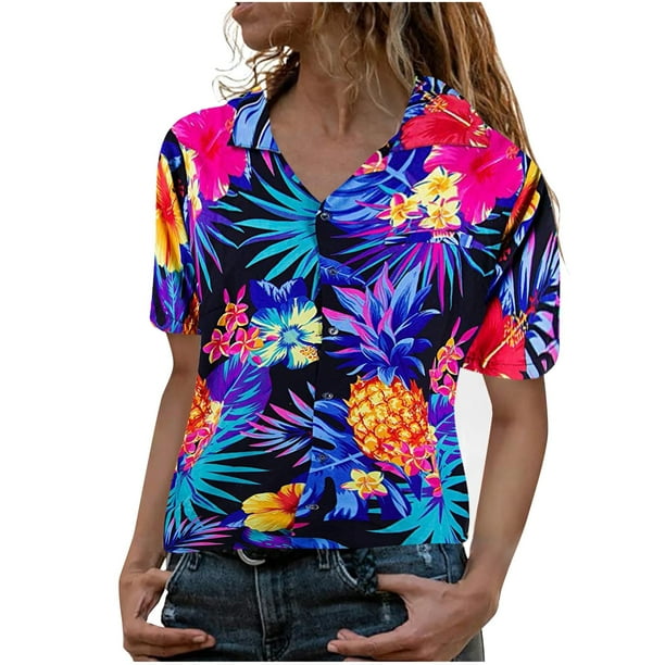 Women'S Funky Hawaiian Shirt Blouse Frontpocket Leaves Flowers