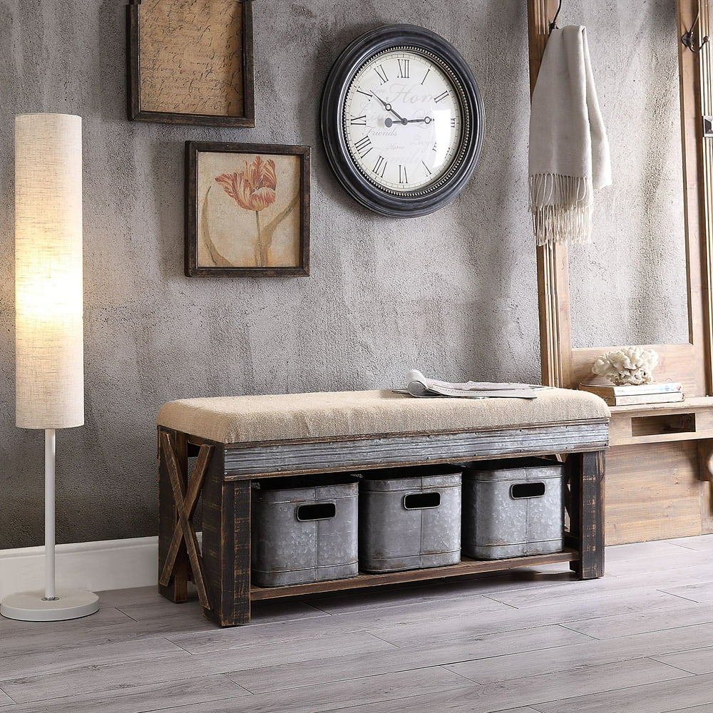 Richmond Fir Wood and Galvanized Metal 1shelf Bench with 3 Baskets