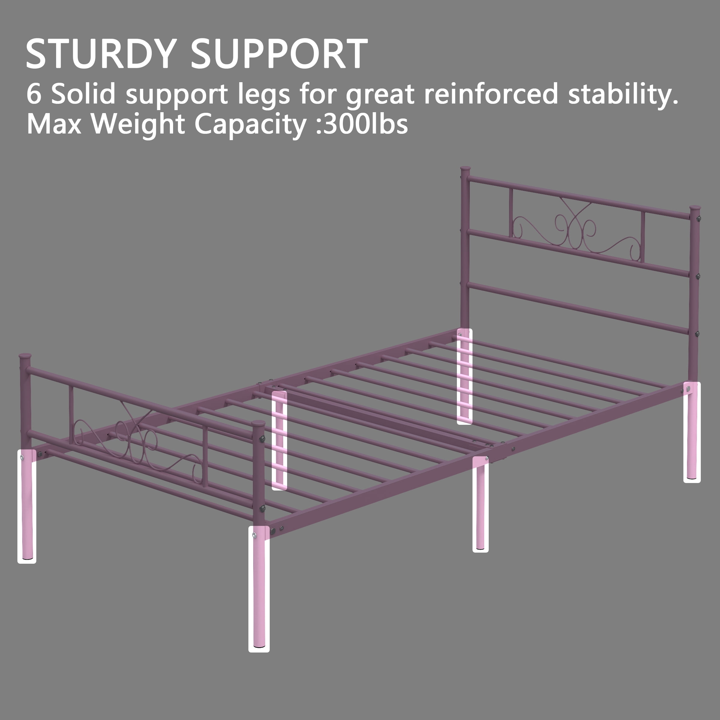 Yoneston Twin Size Metal Platform Bed Frame with Headboard, 12.7” Single Bed Frame for Kids, Teens, Adult Bedroom Furniture, Pink