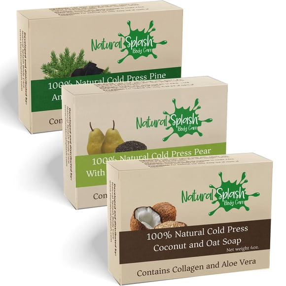 Natural Splash Body Care Jabón de barra natural hecho a mano prensado en frío - Paquete variado con aloe vera y colágeno vegetal - Exfoliante suave - Coco - Pera - Pino - Paquete de 3