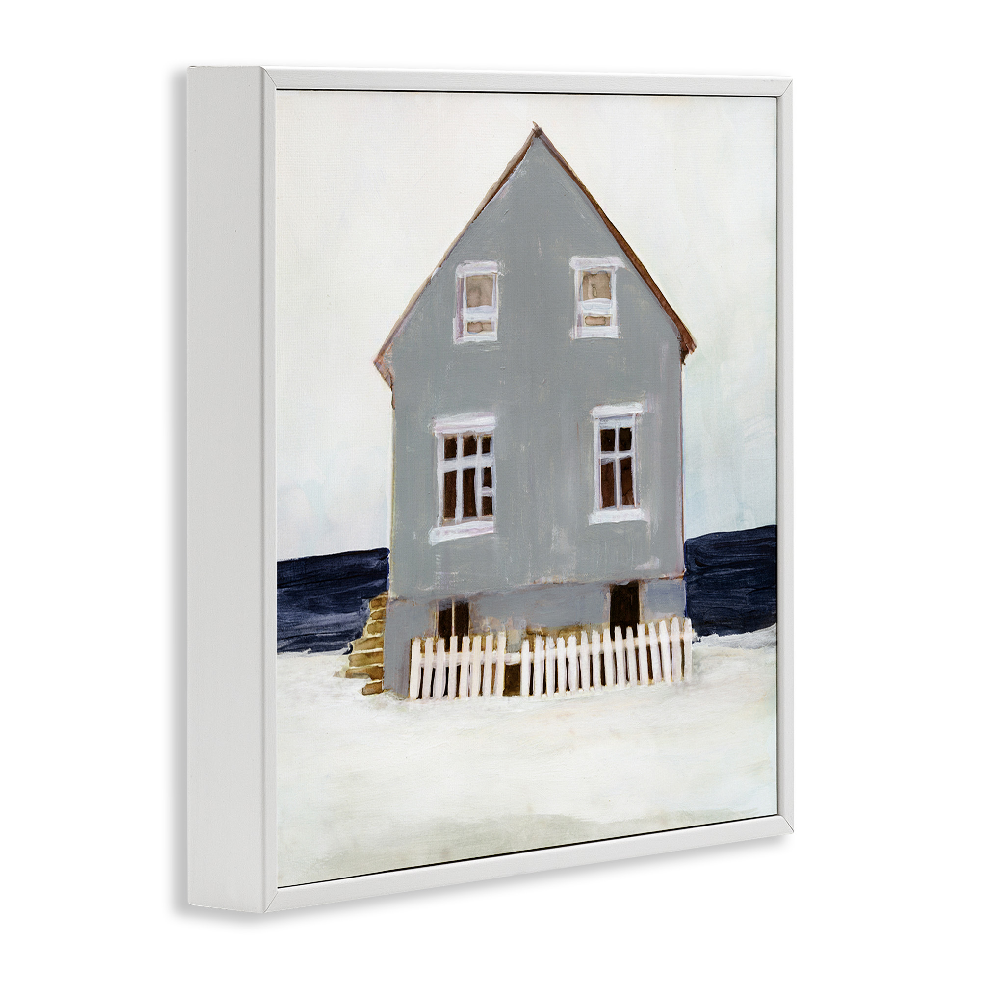 Stupell Industries Winter Beach House Landscape Nature Painting White Framed Art Print Wall Art, 12 x 12
