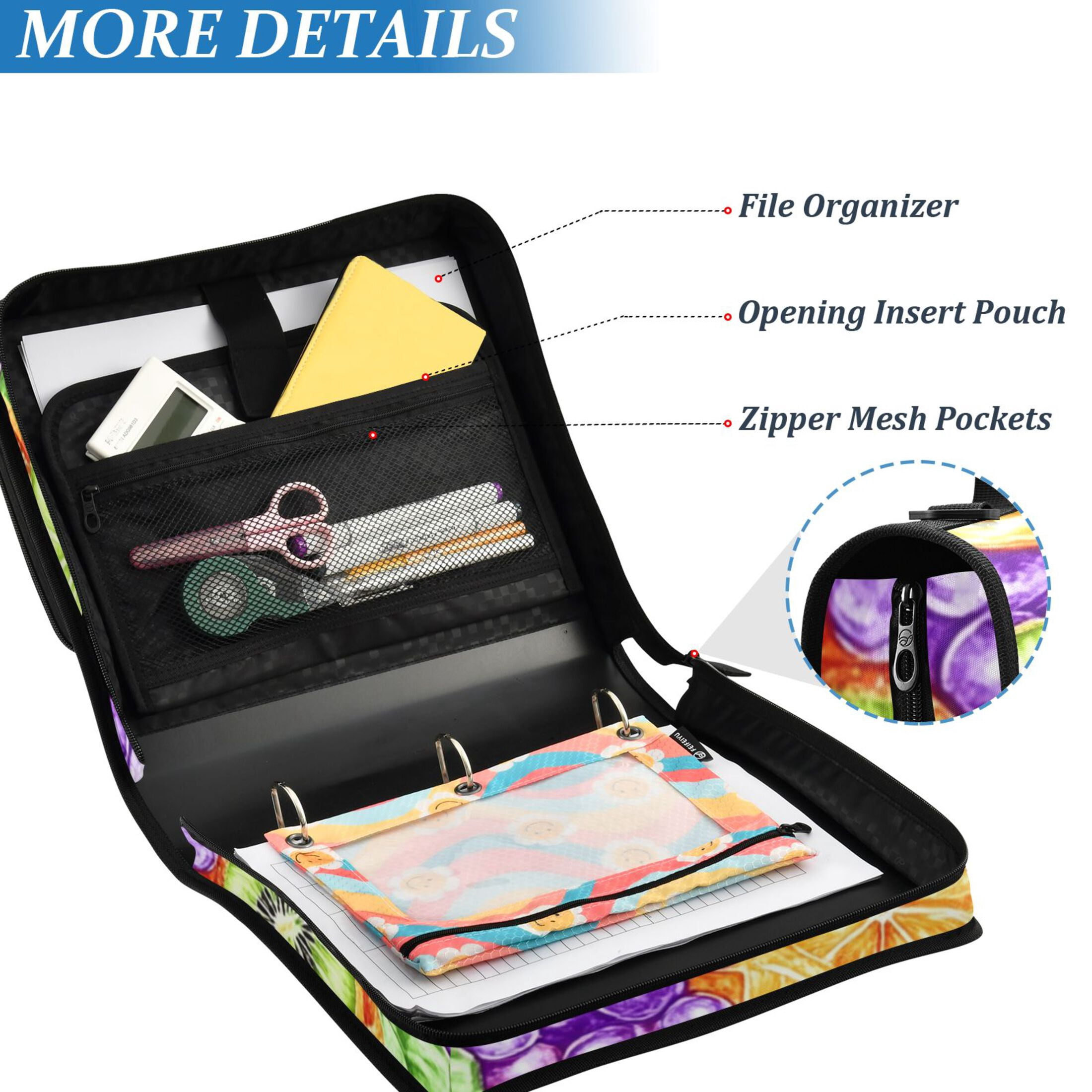 3 Ring Zipper Binder with Shoulder Strap Waterproof Trapper Keeper 2 Inch D-Ring 500 Sheets Capacity Kiwi Oranges Slices Grape