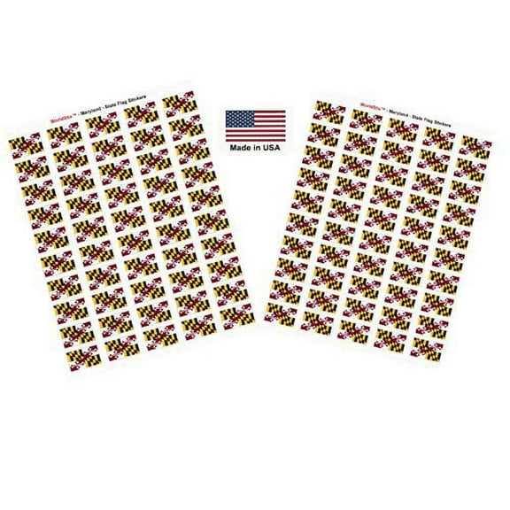 Made in USA! 100 Maryland 1.5" x 1" Self Adhesive State Flag Stickers, Two Sheets of 50, 100 Maryland Sticker Flags Total