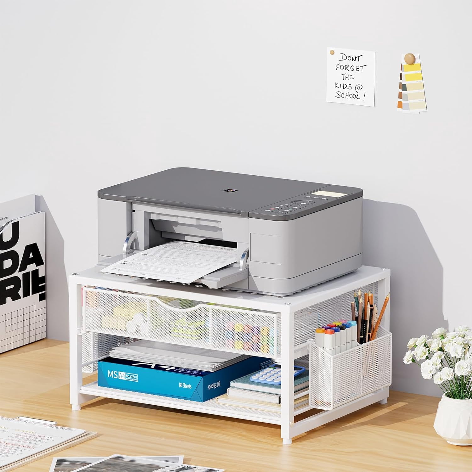 Metal Printer Stand for Desk with Storage Drawer and 2 Pen Holders, 2-Tier Desktop Organizer Printer Table for Home Office, Multi-Purpose Desk Organizer for Fax Machine Scanner Files(White)