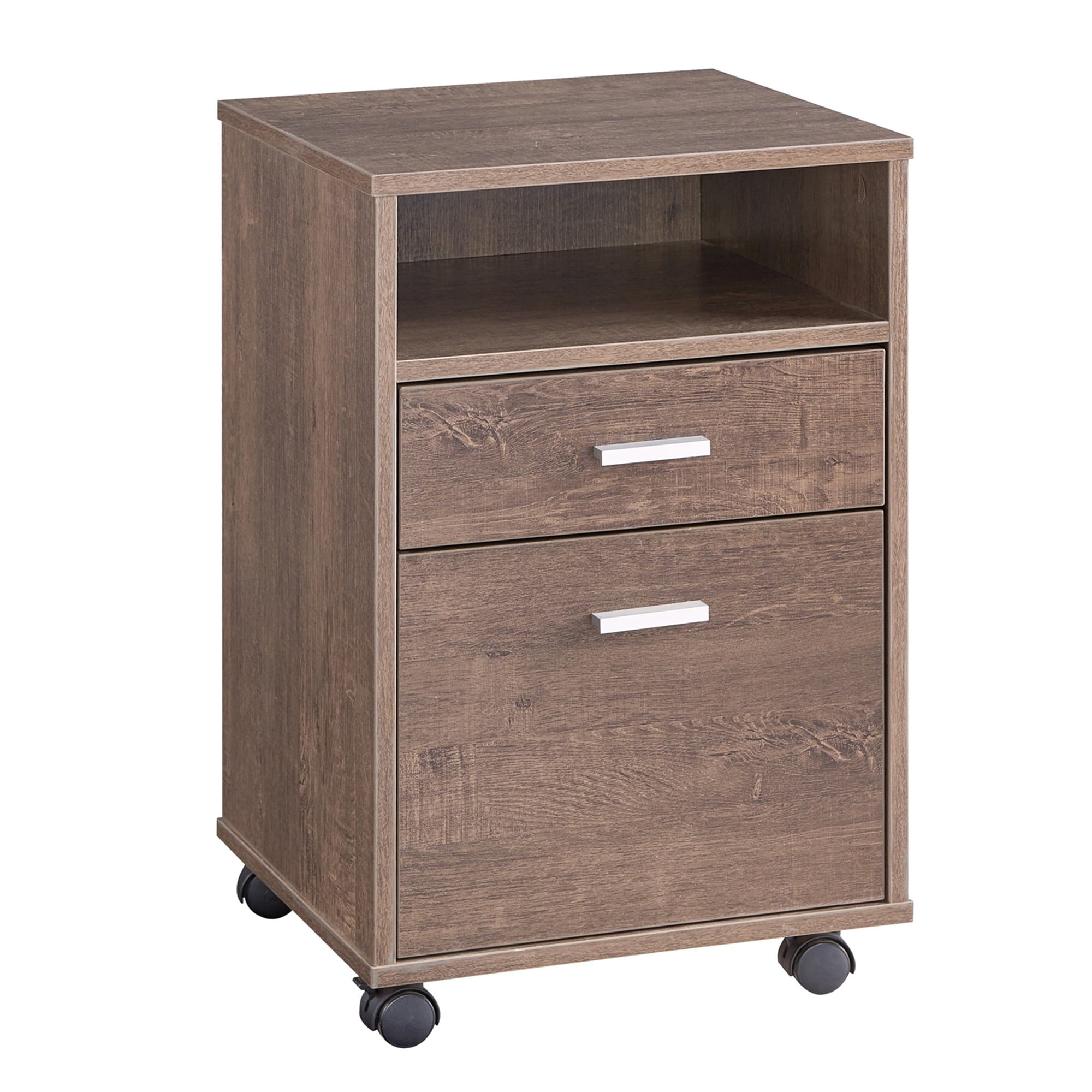 Caster Supported File with 2 Drawers and 1 Open Shelf, Walnut