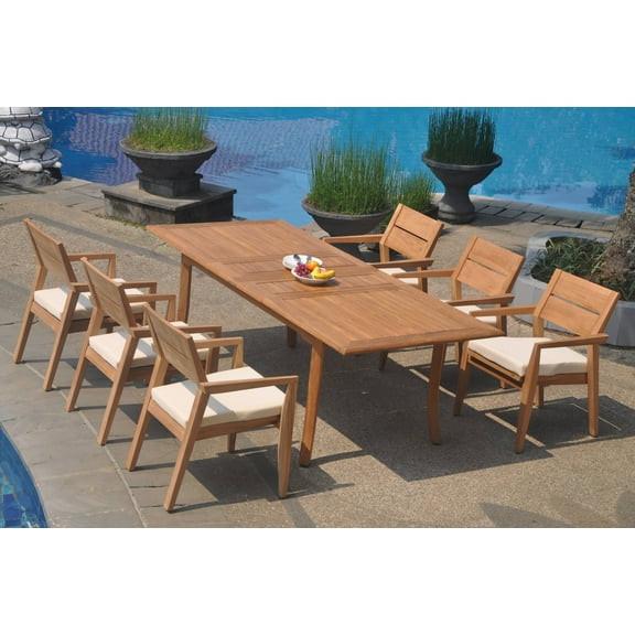Grade-A Teak Dining Set: 6 Seater 7 Pc: 94" Double Extension Rectangle Table And 6 Vellore Stacking Arm Chairs Outdoor Patio WholesaleTeak #WMDSWVm