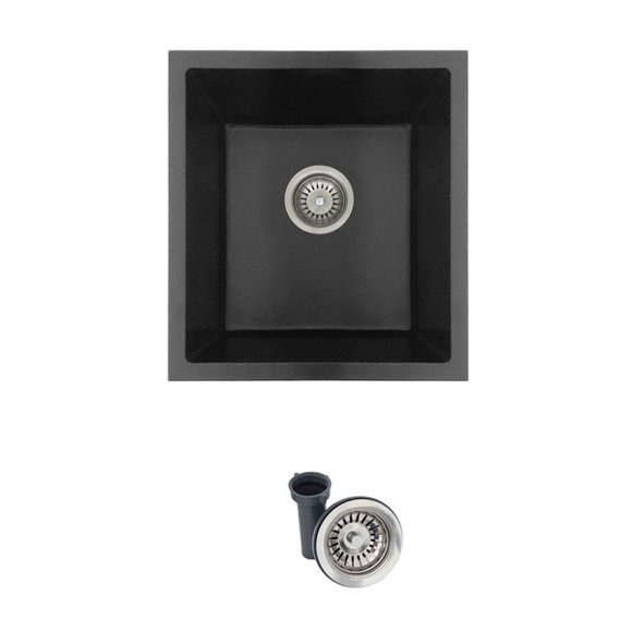 Stylish Dual Mount 16" Black Composite Granite Single Bowl Kitchen Sink with Strainer S-816N