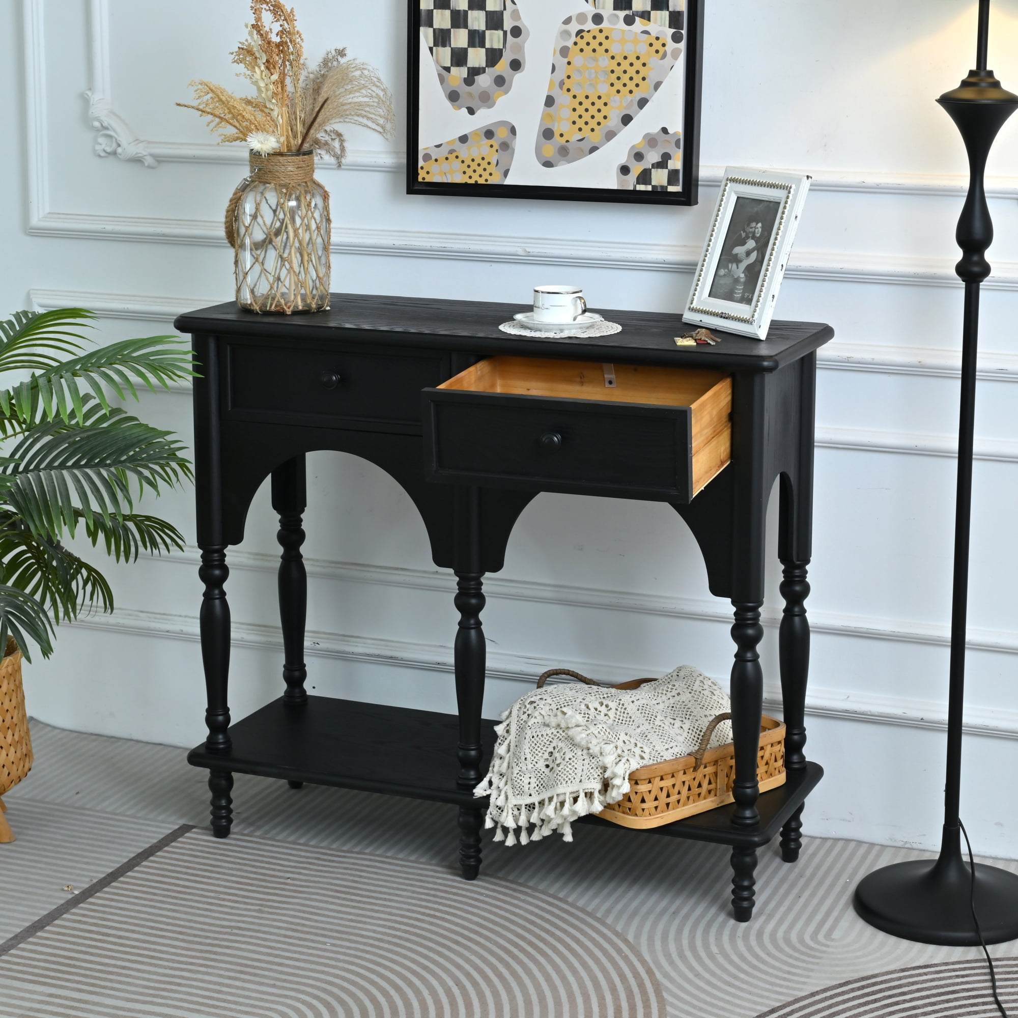 Leumius 39.37" Accent Distressed Black Solid Wooden Table, Classic Arched Design Turned Legs Storage Console Table with Open Shelf and 2 Drawers for Living Room