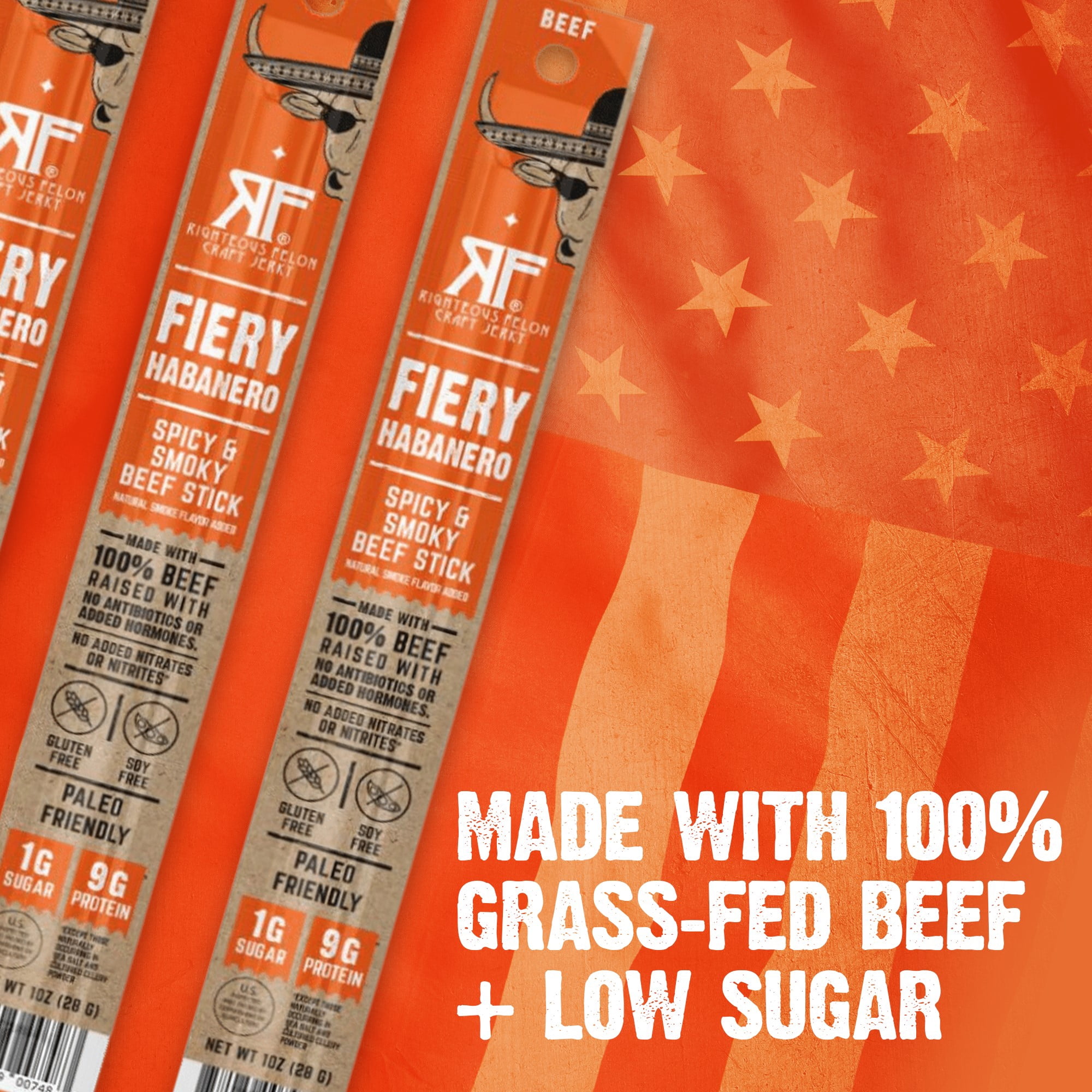 Righteous Felon Grass-Fed Meat Sticks - Low Sugar, High Protein Beef - Fiery Habanero, 24 pack