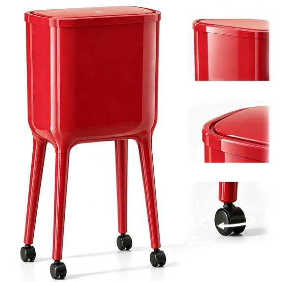 Trash Can with Lid & Wheels, 16L Garbage Can with Press Top, Small Trash Can Dog Proof, Plastic Trash Bin, Waste Basket for Bathroom Kitchen Bedroom Office (Red)