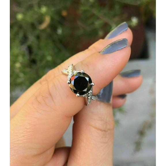 1.50Ct Round Lab Created Black Diamond Engagement Ring 14K White Gold Plated