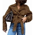thumbnail image 3 of Women Faux Suede Leather Jacket Vintage Casual Cropped Wrap Coat with Belt Brown M, 3 of 9