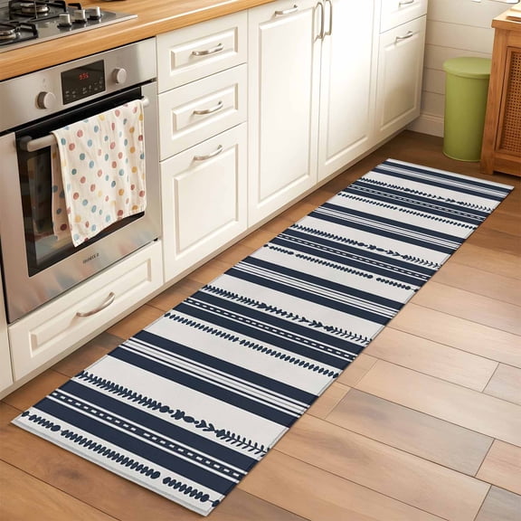 2'x6' Rug Runners for Hallways Kitchen, Navy Blue Geometric Non Slip Entryway Beside Floor Carpet Runner, Modern Stripes Art Farmhouse Washable Laundry Room Bedroom Throw Rugs Mat for Family Pet