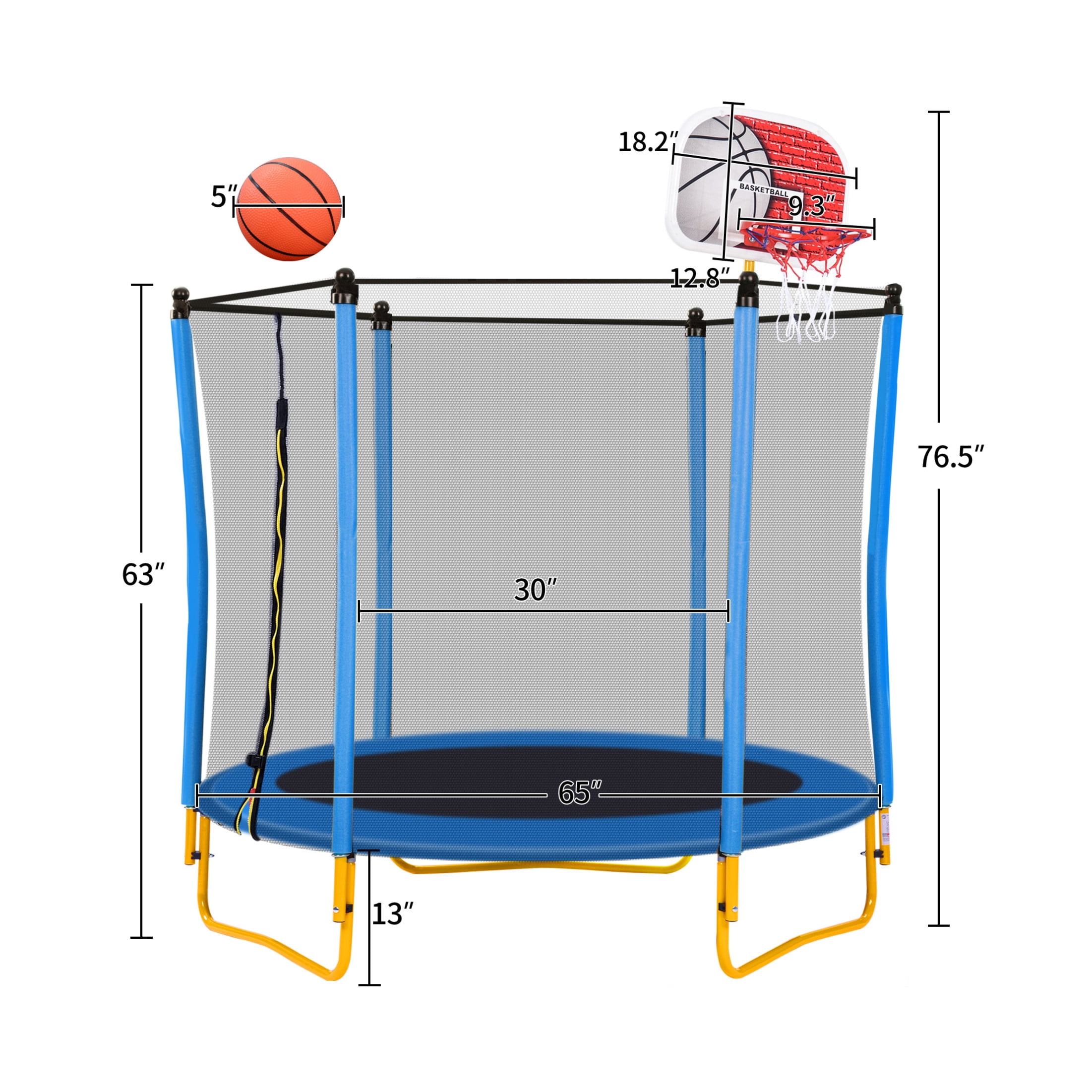 5.5 ft Kids Trampoline with Enclosure Net, Basketball Hoop and Ball, Blue