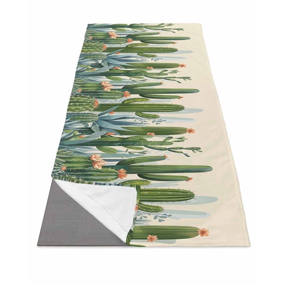 Green Cactus Yoga Towel for Hot Yoga Non Slip, Watercolor Summer Botanical Beige Yoga Mat Towel Absorbent Yoga Sweat Towels Microfiber Hot Yoga Blanket for Bikram Pilates 26"x70"