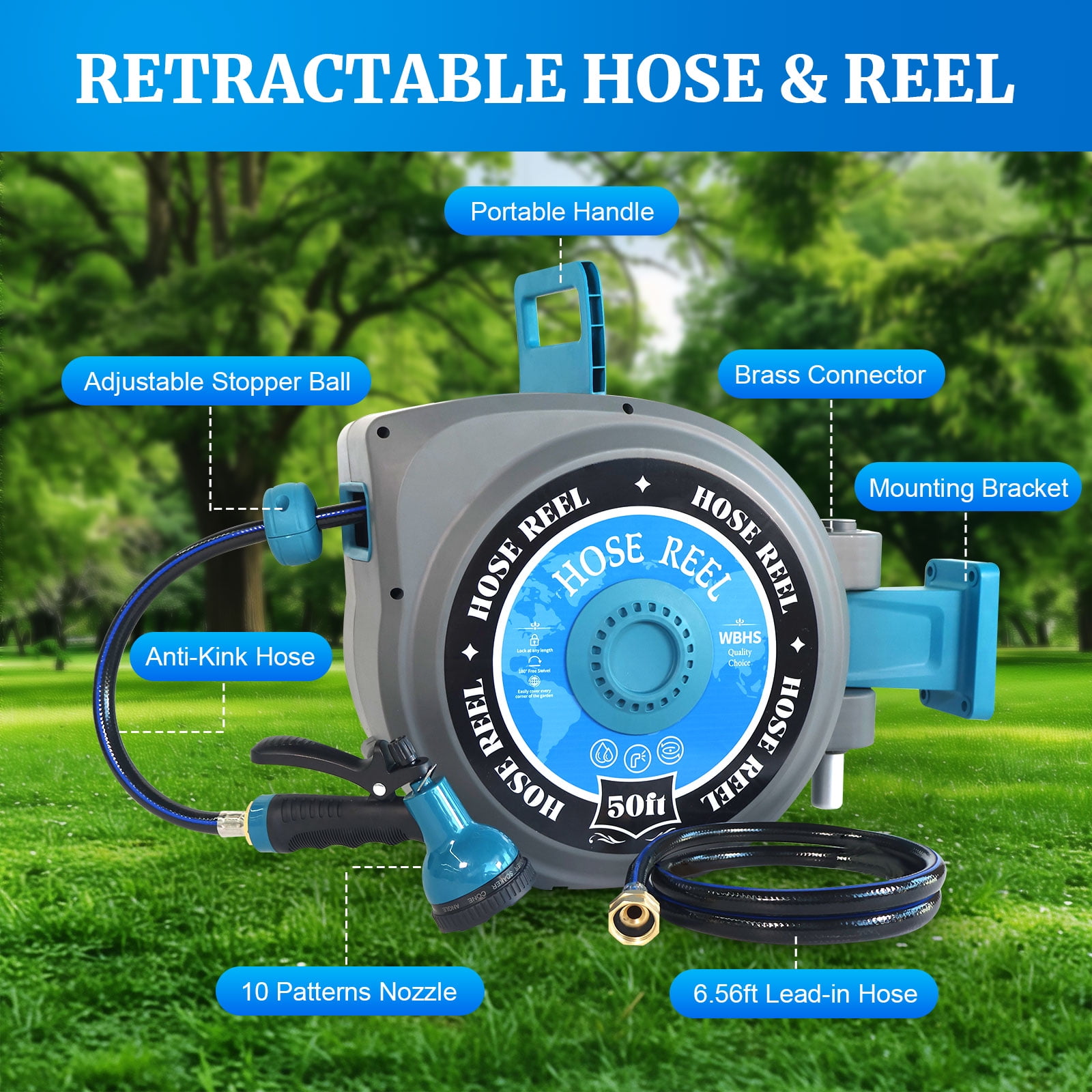 Sunifier Retractable Garden Hose Reel, 50FT, Auto Rewind, Wall Mount, UV Resistant, Brass Fitting, 10-Function Nozzle