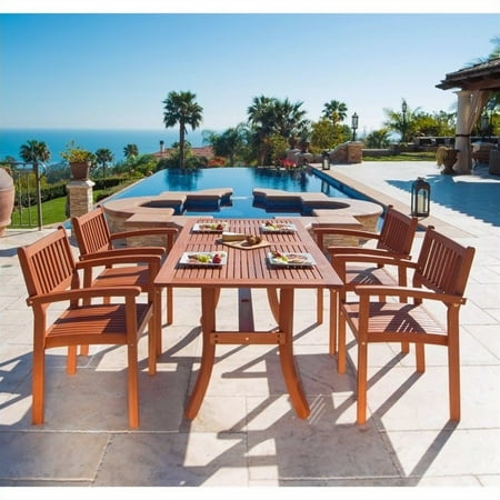 - Malibu Eco-Friendly 5-Piece Wood Outdoor Dining Set with Rectangular Curvy Table and Stacking Chairs V187SET3