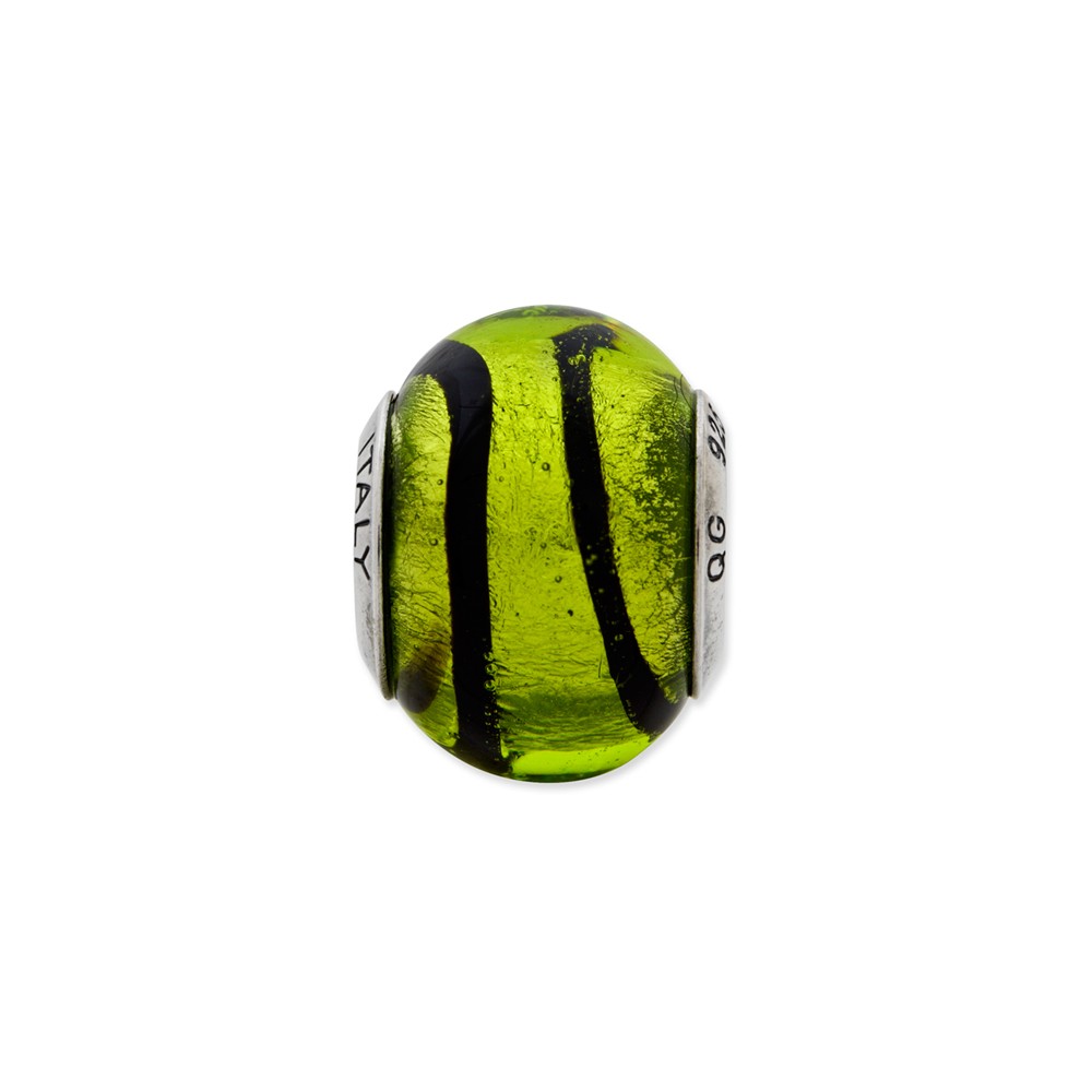 Fancy Bead White Sterling Silver Glass 15.45 mm 10.91 Reflections Green Black Italian Murano Bead