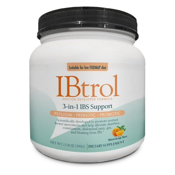 IBtrol® 3–in–1 IBS Gut Health Supplement with Psyllium, Prebiotic and Probiotics, Manages IBS Symptoms, Gas, Bloating, Diarrhea, Constipation, Abdominal Pain 60 Servings (Natural Orange Flavor)