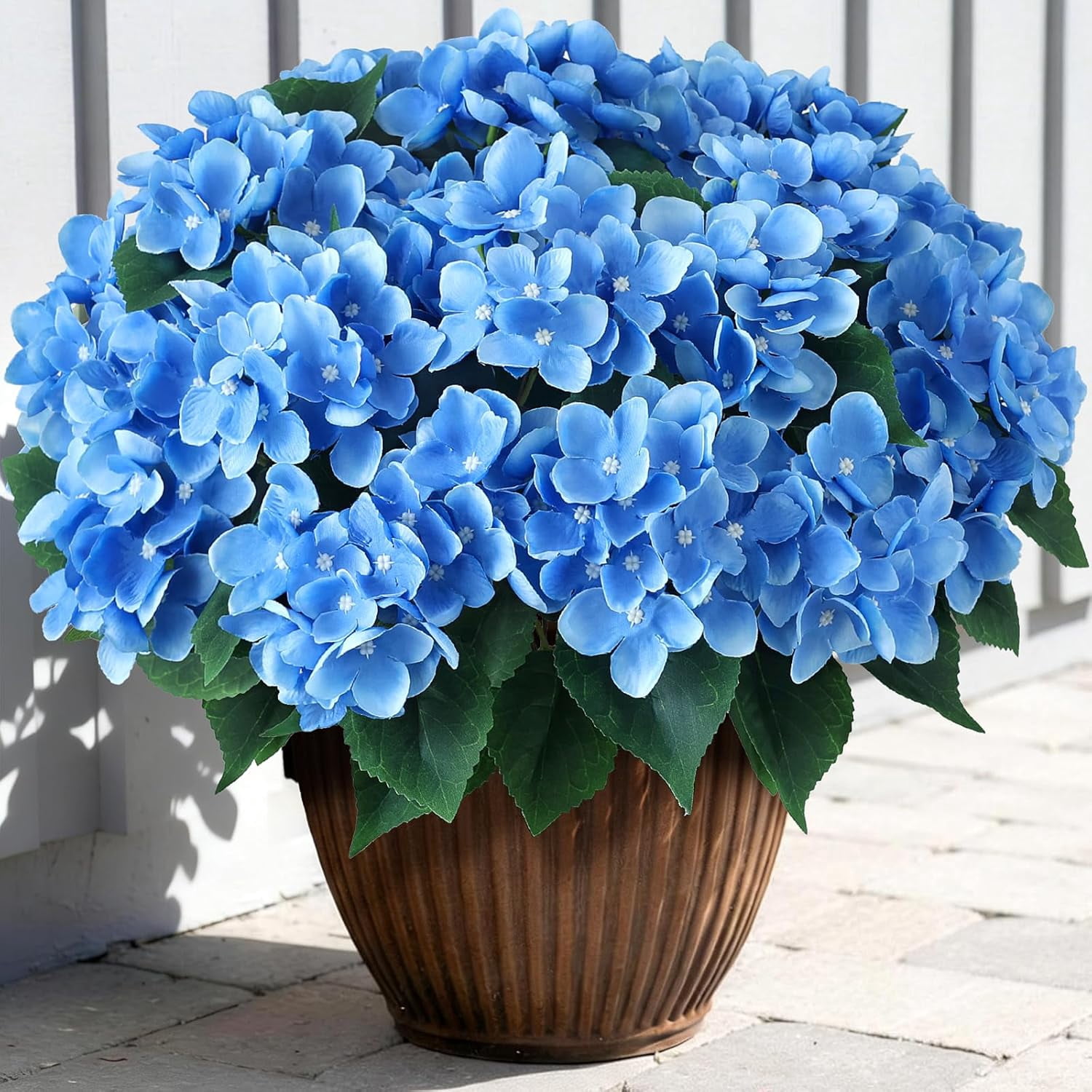 8 Bundles Artificial Hydrangea Flowers for Outdoor Decor, Realistic Faux Silk Bouquets Sun-Resistant Fake Plants for Front Door Balcony Farmhouse Garden Home Spring Summer Decor (Blue)