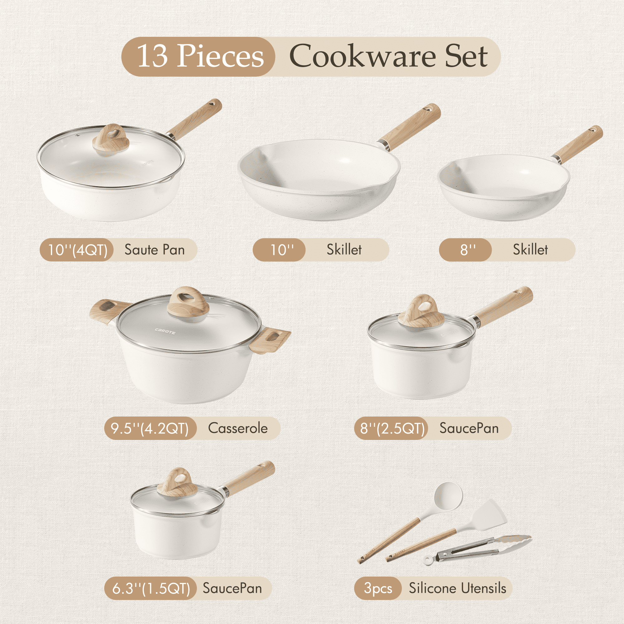 Carote 13-Piece Nonstick Cookware Set, White Granite photo 2