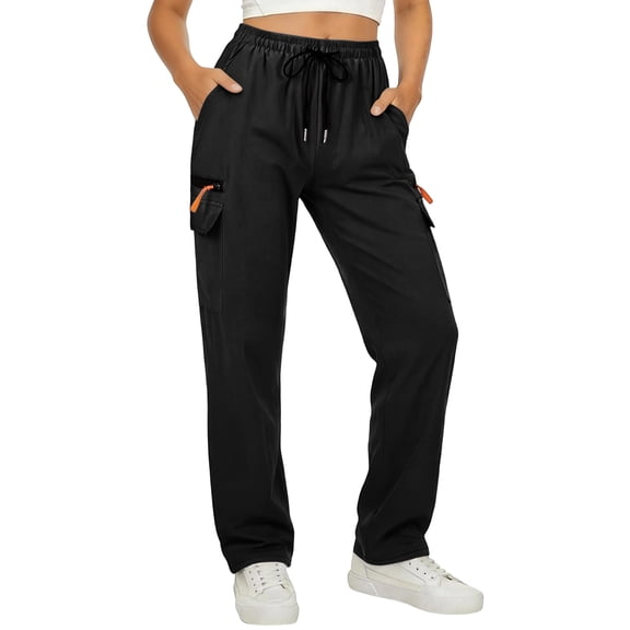 Minjewel Women's Loose Casual Quick-Dry Cargo Pants with Drawstring, Tactical Trousers for Outdoor, Hiking, and Travel, Comfortable and Durable,Black,M