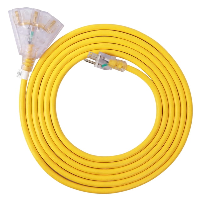 Cable de extensión EP de 15 m con 3 salidas 14/3 SJTW Heavy Duty, amarillo