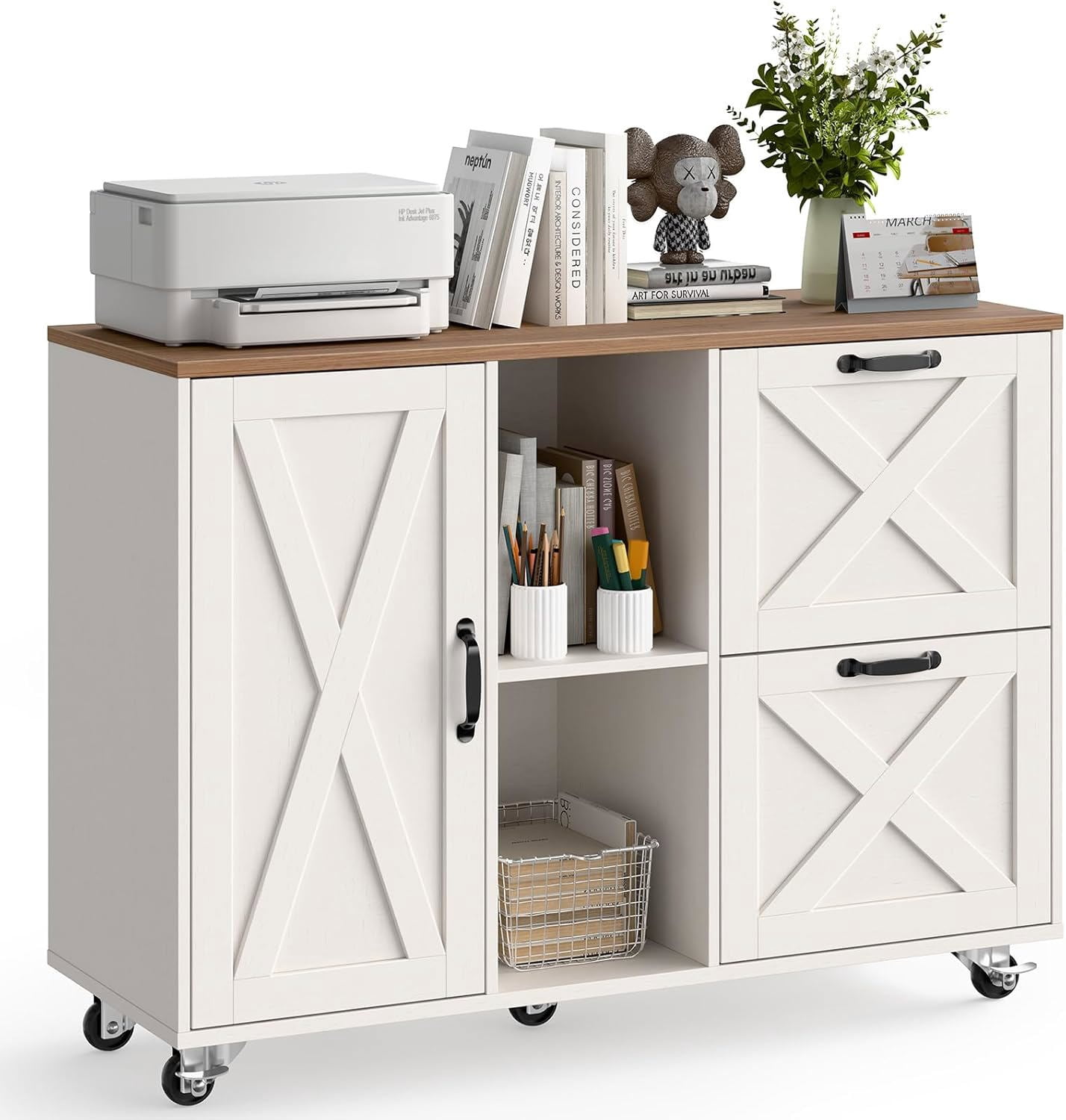 Vabches 2 Drawer Lateral File Cabinet,Mobile Wood office Cabinet for Home Office,Printer Stand with Open Storage Shelves.