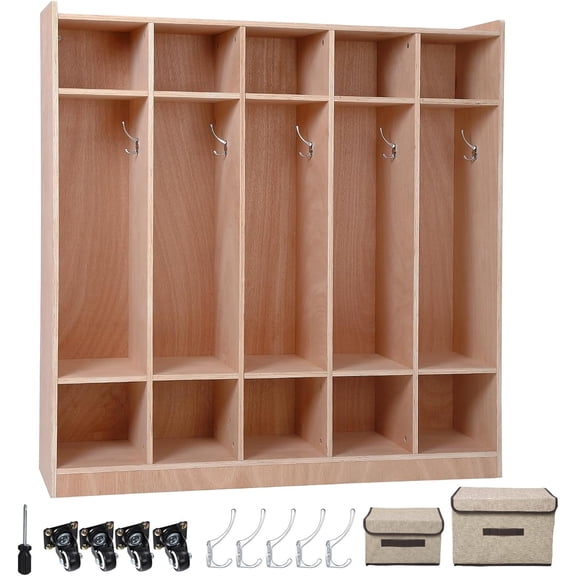 FinerFurnis 5 Section Wooden Kids Coat Locker Cubby, Classroom Coat Locker,with 5 Hooks, 4 Wheels, 2 Storage Boxes, Toddler Sized Daycare Storage Cubbies for Home, School, Kindergarten, Natural
