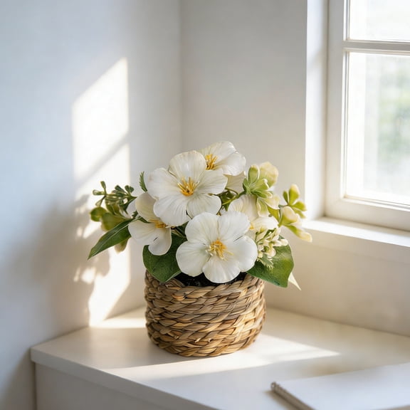 Taicans Artificial Potted Flowers with Woven Basket,Yellow Orange Fake Floral Arrangement for Bathroom,Kitchen Table,office Desk,Small Home Decor