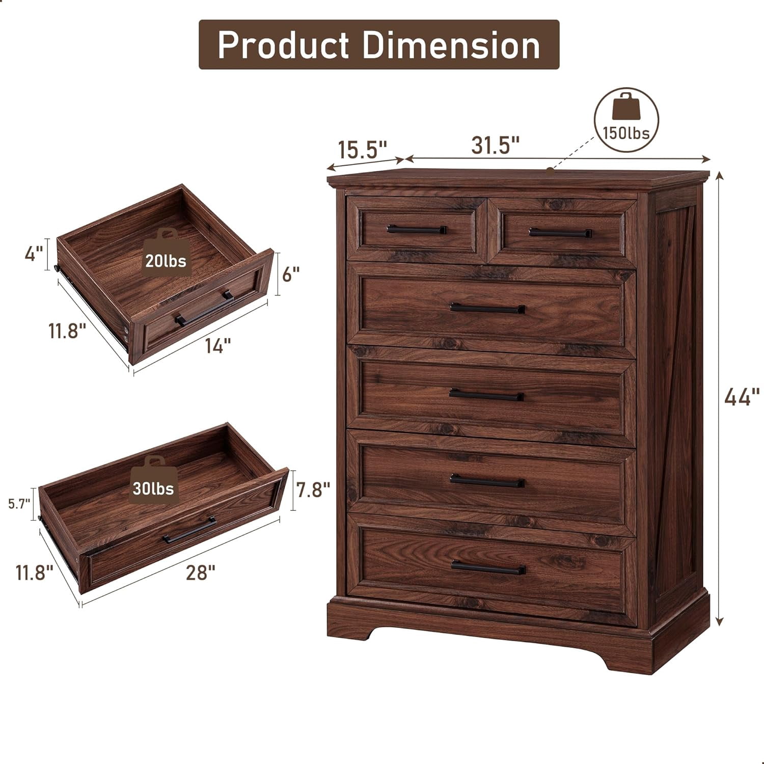 ACCOHOHO 6 Drawer Dresser for Bedroom, Farmhouse 46" High Wooden Country Style Drawer Chest, Wide Metal Handle Pull-out Storage Cabinet, Brown