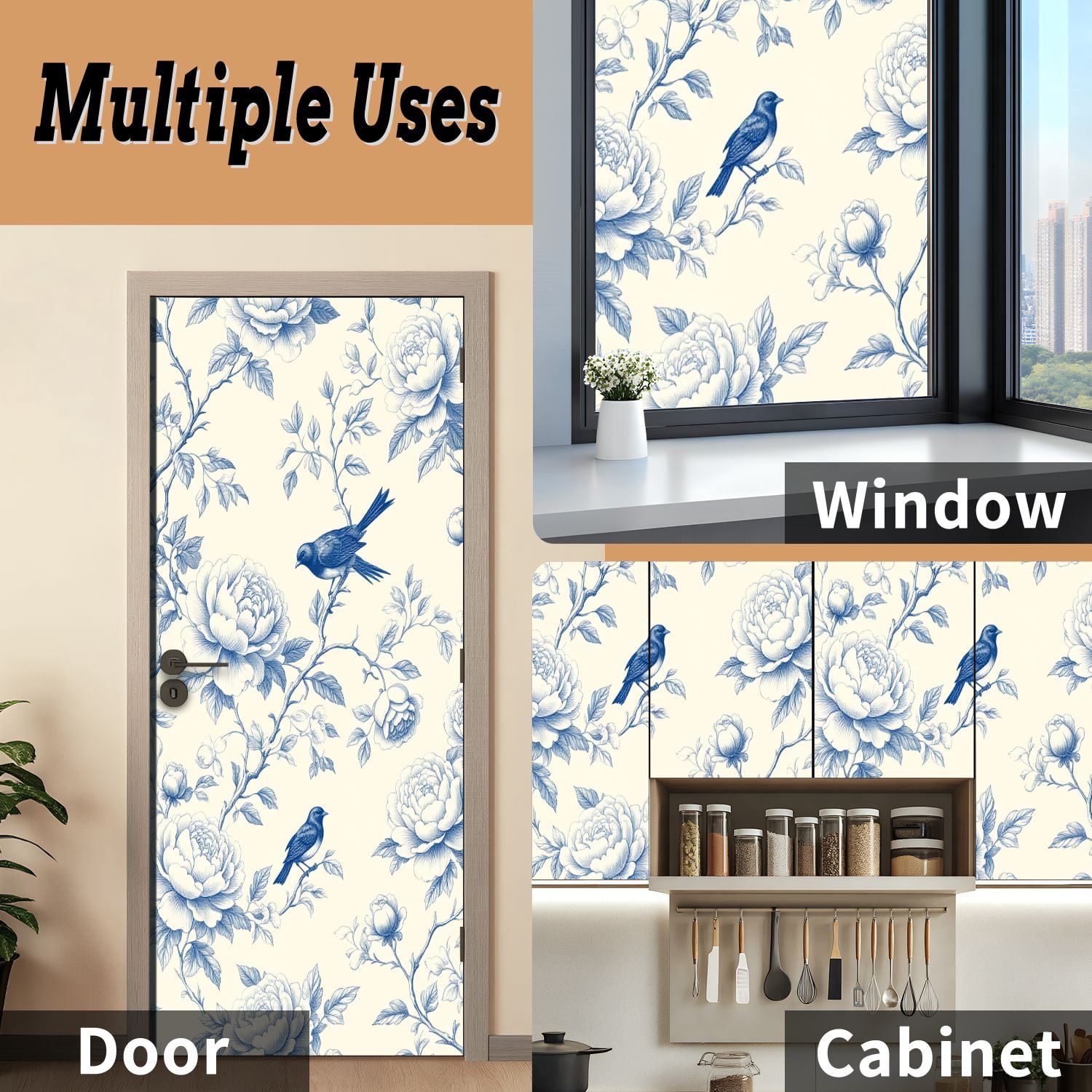Self Adhesive Vinyl Refrigerator Wrap Set Blue Birds Blossoms Vintage Floral Door Mural Removable Fridge Sticker Peel and Stick&nbsp;Full Door Cover Decal Kitchen Bar Decor