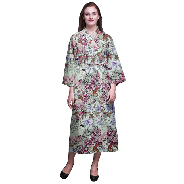 Bimba Robe Kimono Longue Douce Rose à Imprimé Peau de Léopard Floral, Cachemire et Lys pour Femmes, Coton, Robe de Préparation pour Mariée Longue m