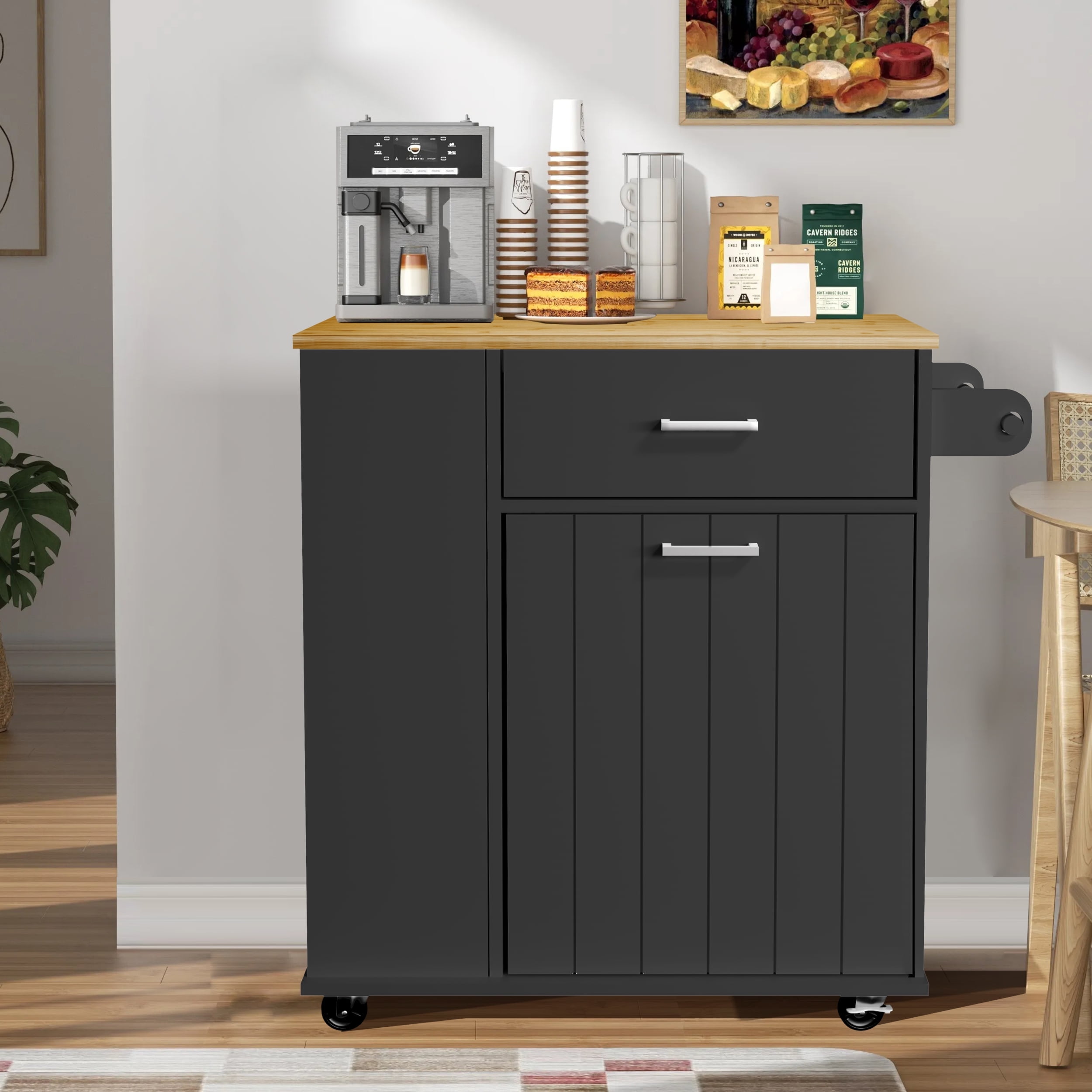 Glavbiku Rolling Kitchen Island Cart with Tilt-Out Trash Bin Cabinet & Drawer for Kitchen,Black