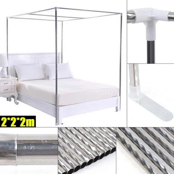 4 Corner Bed Canopy Frame Stainless Steel Post Mosquito Netting Curtain Brackets Silver Stainless Steel （rod ）Simple and Beautiful