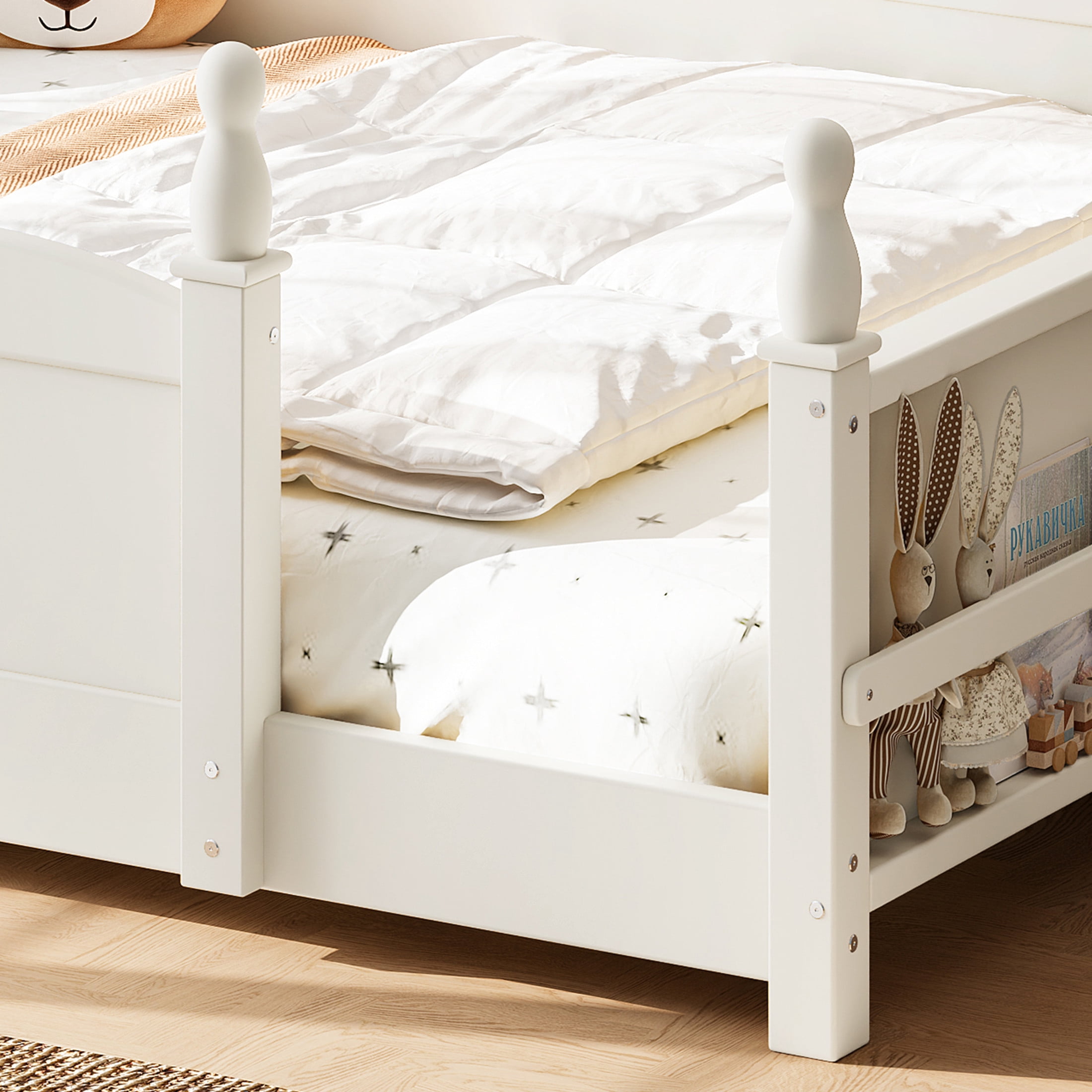 GDF Studio Full Size Montessori Floor Bed with Guardrails & Side Bookshelf, Childlike Design, Beige White