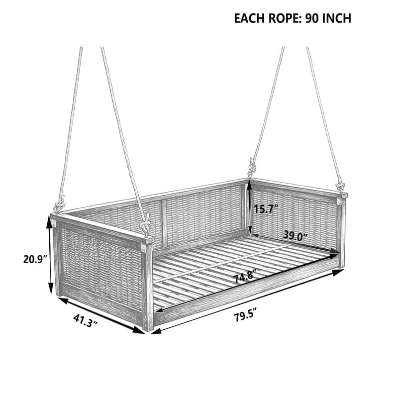 Porch Daybed Swing Outdoor Wooden Swing Bench, Patio Hanging Chair Swinging Bed with Long Ropes for Garden, Backyard, Deck